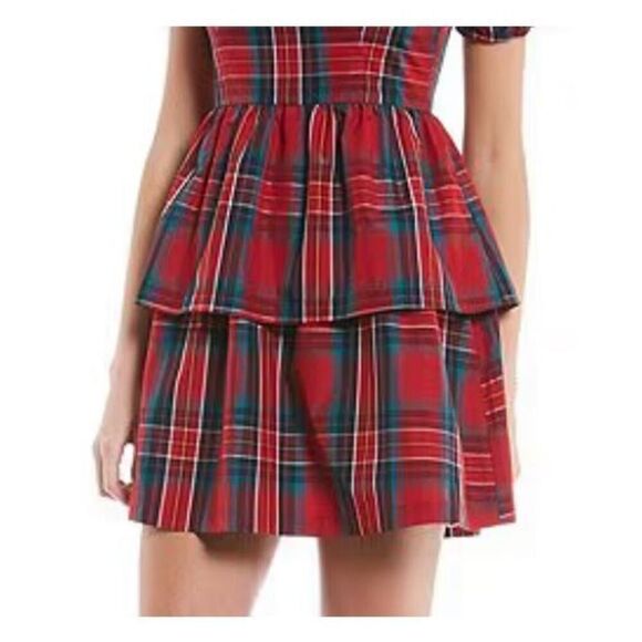 COPPER KEY Dress Size Large Red Plaid Mini Tiered Babydoll Puff Sleeves NWT NEW - Picture 3 of 6